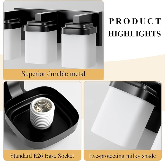 3-Light Black Bathroom Light Fixtures, Vanity Lights for Bathroom Mirror Lamp with Milky White Square Glass Shade, E26 Base Modern Wall Sconce Light Kitchen Light Fixtures Led Vanity