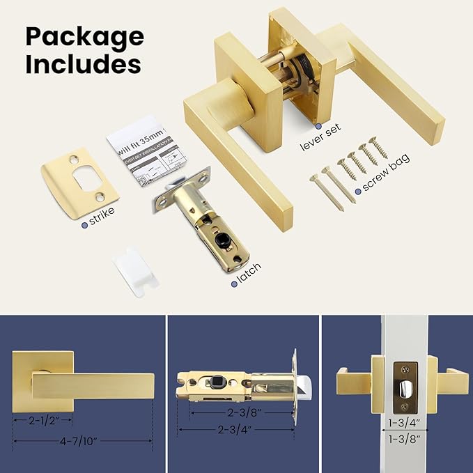 EHOMEWARE 2 Pack Closet Door Handles Interior Non-Locking Lever Set for Hallway Door or Closet with Satin Brass Finish, Reversible for Right or Left Side