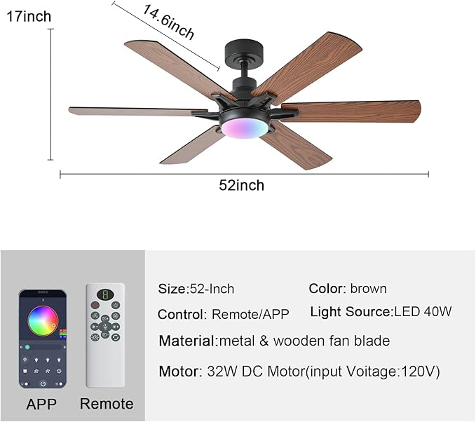 52in Ceiling Fans with Lights RGB Ceiling Fan with Light and Remote/APP Control,Low Profile Ceiling Fans with Lights for Bedroom,Living Room,Kids Room,3CCT Dimmable Modern Ceiling Fan, 8 Speeds,Brown