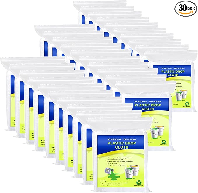 30 Pieces Plastic Drop Sheets for Painting, Waterproof and Dust-Proof Clear Cloth for Furniture Cover, 9x12 Feet Tarps