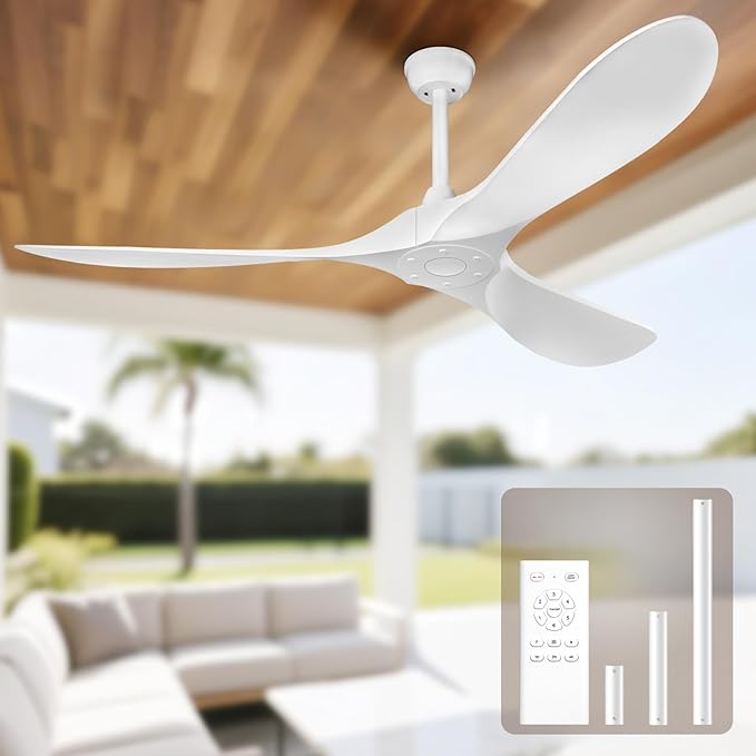 60 Inch Ceiling Fan Without Lights, White | Outdoor Ceiling Fan with Remote, 6-Speed Adjustable Reversible DC Motor for Patio & Living Room