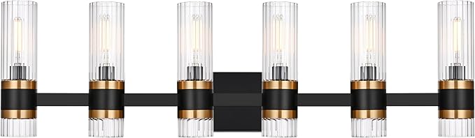 MELUCEE 6 Lights Bathroom Lighting Fixtures Over Mirror, Farmhouse Vanity Lights Matte Black Finish with Ribbed Clear Glass Shade, Metal Wall Mount Light for Bath Kitchen Living Room, E12 Base