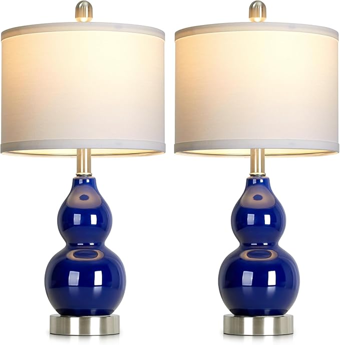 22" Double Gourd Ceramic Table Lamps Set of 2, Navy Blue Modern Bedside Lamps for Living Room, Contemporary Nightstand Desk Lamps for Bedroom End Table Home Office Decor(2 LED Bulbs Included)