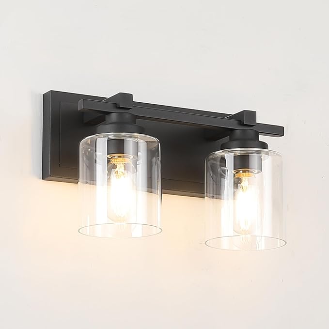 2 Light Modern Bathroom Light Fixtures Over Mirror, Black Vanity Lights for Bathroom Wall Sconces with Clear Glass Shades, E26 Socket (Bulbs Not Included)