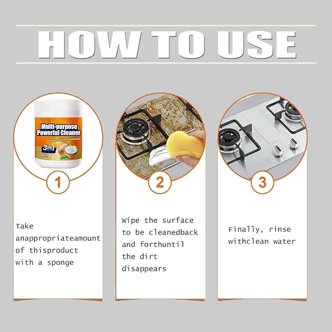 Multi-Purpose Powerful Cleaner for Kitchen, 3 In 1 Stainless Coconut Oil Cleaning Paste, Kitchen Duty Degreaser, Removes Stains on Microwave,Oven & Stove Top