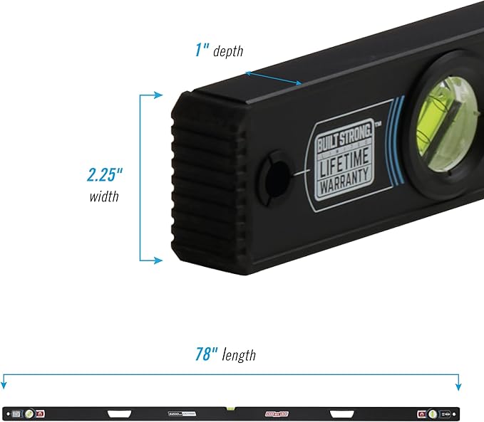 CHANNELLOCK 78-Inch, Professional-Grade Magnetic Aluminum Box Level with Solid Block Acrylic Vials, 5200-0078M