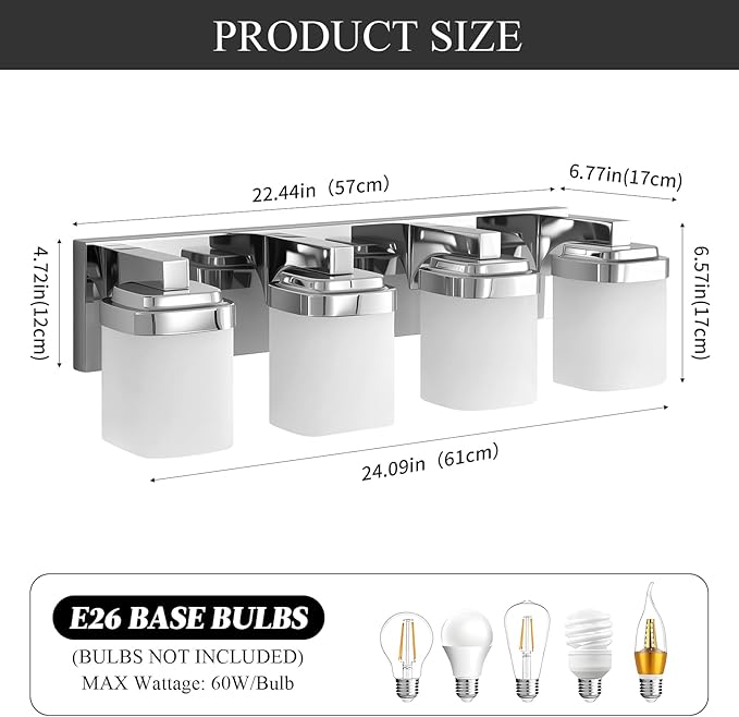 4-Light Chrome Bathroom Light Fixtures, Vanity Lights for Bathroom Mirror Lamp with Milky White Square Glass Shade, E26 Base Modern Wall Sconce Kitchen Light Fixtures Led Vanity