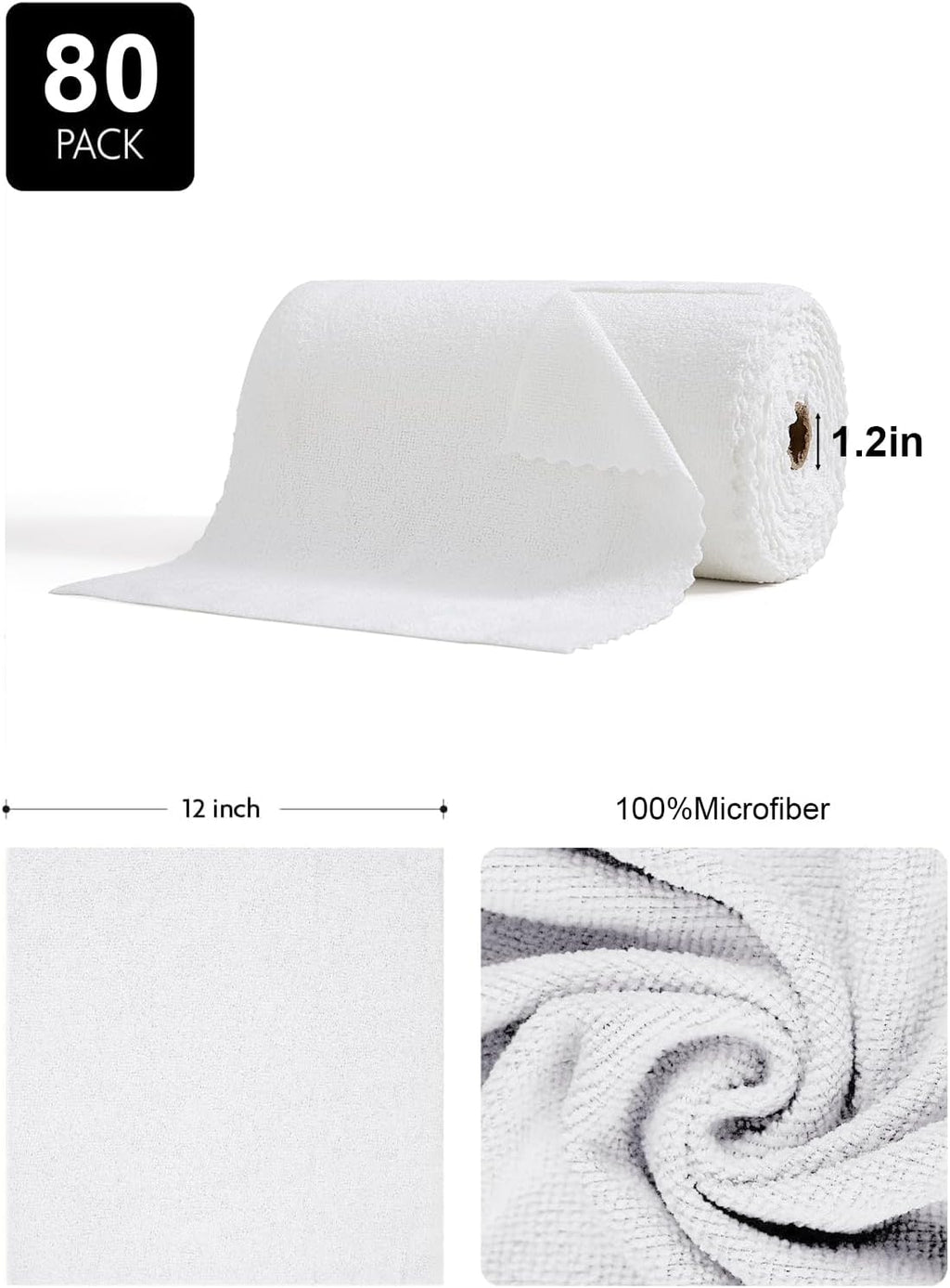 80 Pack Microfiber Cleaning Cloth Roll,Lint Free Rags & Tear Away Reusable Towels Washable Scratch,Ultra Absorbent Dish Rags(12" x 12") for Car Kitchen Home Garage-White