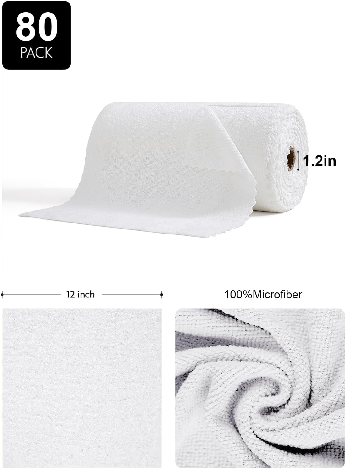 80 Pack Microfiber Cleaning Cloth Roll,Lint Free Rags & Tear Away Reusable Towels Washable Scratch,Ultra Absorbent Dish Rags(12" x 12") for Car Kitchen Home Garage-White