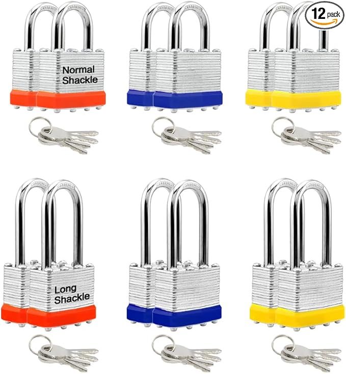 Lanube Lock 12-Pack Laminated Keyed Padlock Set 3 Colors, 2 Short 2 Long Shackles per Color,The Same Color and Shackles Combination. Open with The Same Key.6 Independent Combinations.