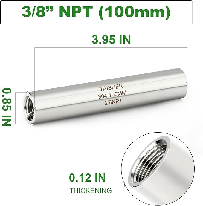 TAISHER 2PCS Stainless Steel Pipe Fittings, 3/8" NPT Female x 3/8" NPT Female Threaded, 4" Length Thickened Nipple Cast Pipe