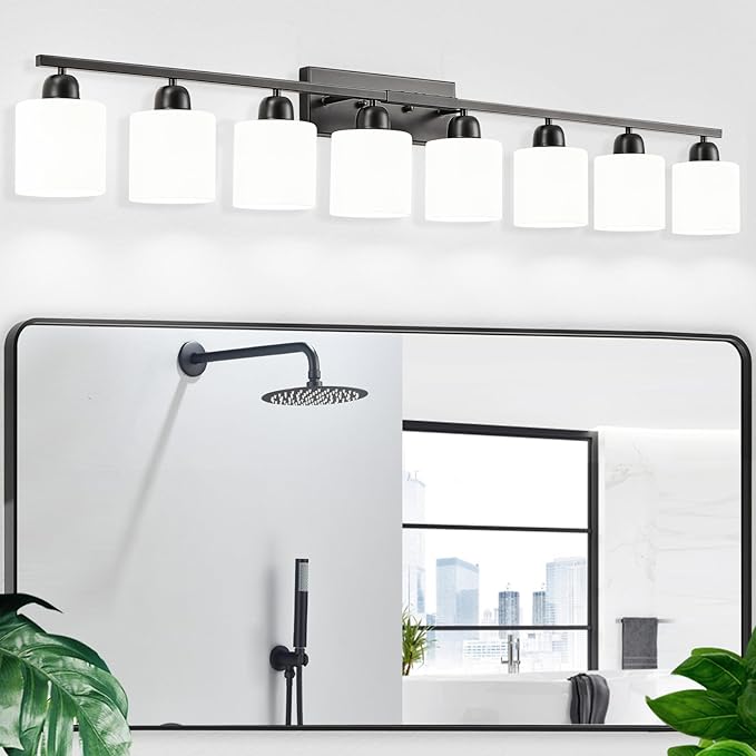 8 Light Black Bathroom Light Fixtures Over Mirror for Big Mirror, Modern Bathroom Lighting with Milky White Frosted Glass Shades,51 inch Lights for Vanity for Mirrors, E26