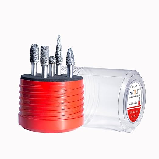 Carbide Burrs Set, 1/4" Shank Double Cut, Solid Power Tools 5PCS Spiral Rotary Files Die Grinder Bits for Metalworking Wood Cutting Carving & Deburring