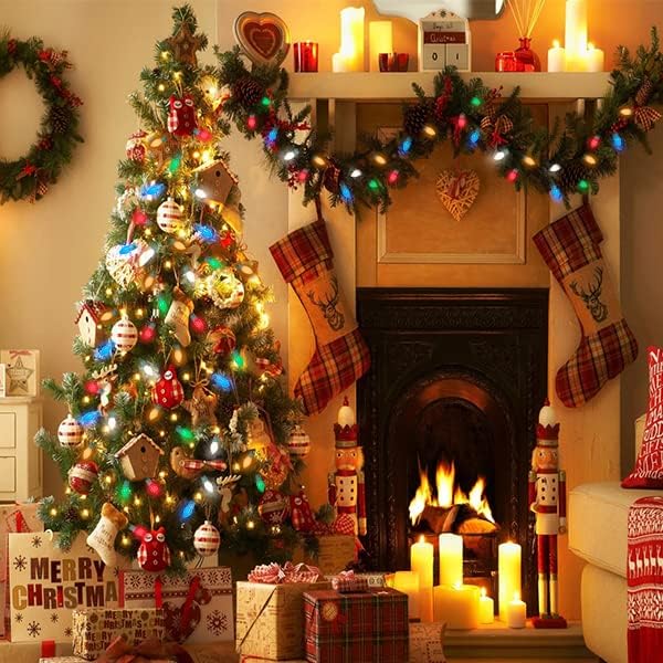 25FT C7 Christmas Decorations Lights, Vintage Christmas Lights String, Multicolor Christmas Tree Lights, Xmas Light for Outdoor Indoor Holiday Decorations with 27 Colorful Ceramic Bulbs (2 Spare Bulb)