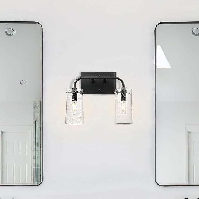 XiNBEi Lighting Bathroom Light Fixtures, Modern 2 Light Vanity Lights with Seeded Glass Matte Black Bath Wall Mount Fixture Over Mirror XB-W1283-2-MB