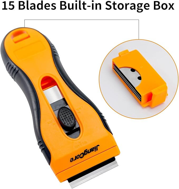 Razor Blade Scraper with 16 Extra SK5 Blades - Paint Sticker Glue Remover for Glass Windows Tiles Metal - Ergonomic Handle, Multi-Surface Tool