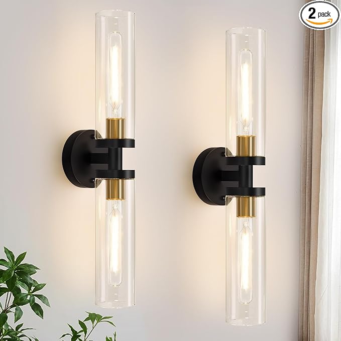 2 Pack 22-Inch Gold and Black Wall Sconces Set of Two, 22" Vanity Lights for Bathroom with Clear Glass, Sconces Hardwired Black and Gold Bathroom Sconces Set of 2 for Mirror Living Room