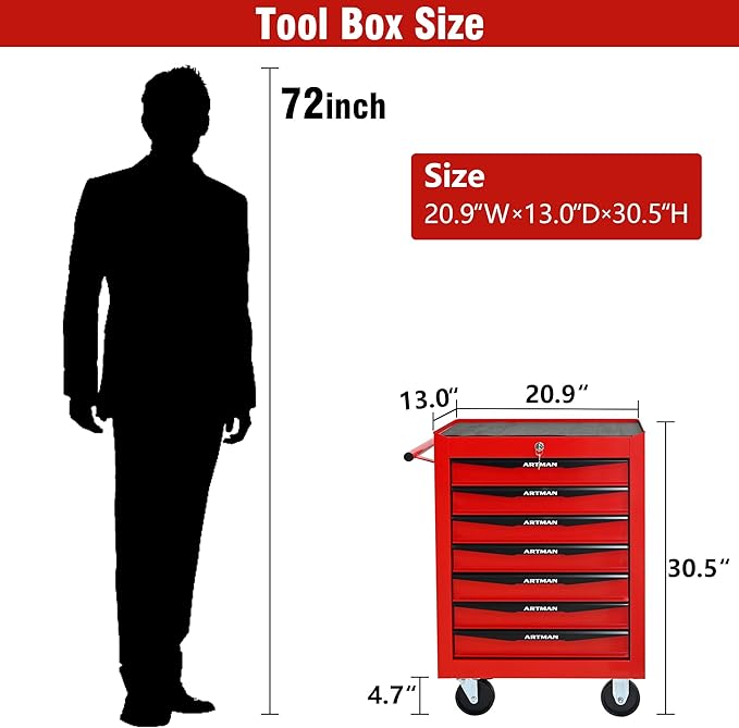 7 Drawers Rolling Tool Box on Wheels, Multifunctional Tool Chest Cabinet with Lock, Drawers Rolling Tool Cart Trolley Organizer Tool Storage Case for Warehouse,Garage,Workshop (Red)