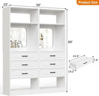 Unikito 50” Freestanding Closet System with 6 Drawers, 4FT Closet Organizer Wardrobe with Storage Shelves and Mirror, Sturdy Wood Walk-in Closet Systems for Bedroom, Max Load 1000 LBS, White