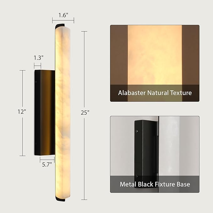 Alabaster Wall Sconces, 25in Black Alabaster Sconce, Modern Spanish Natural Marble Sconces Lights, Rectangle Sconces for Bathroom Vanity Bedroom Living Room Staircases Hallway