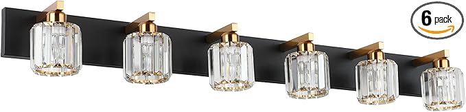 Aipsun Bathroom Light Fixtures Crystal Vanity Light Black and Gold 6 Lights Vanity Lighting Fixtures (Exclude Bulb)