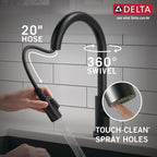 Delta Trinsic Matte Black Touch Kitchen Faucet with Pull Down Sprayer, Modern Single Hole Touch On Kitchen Sink Faucet, Single Handle, Matte Black 9159T-BL-DST