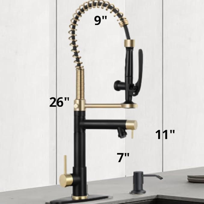 Smart Kitchen Faucet, 3 Modes Pull Down Sprayer, LED Temperature Control, Ceramic Valve,360-Degree Rotation,1 or 3 Hole Deck Plate, Double Spout. 10-Year Warranty. (KW-29RK, Gold/Black)