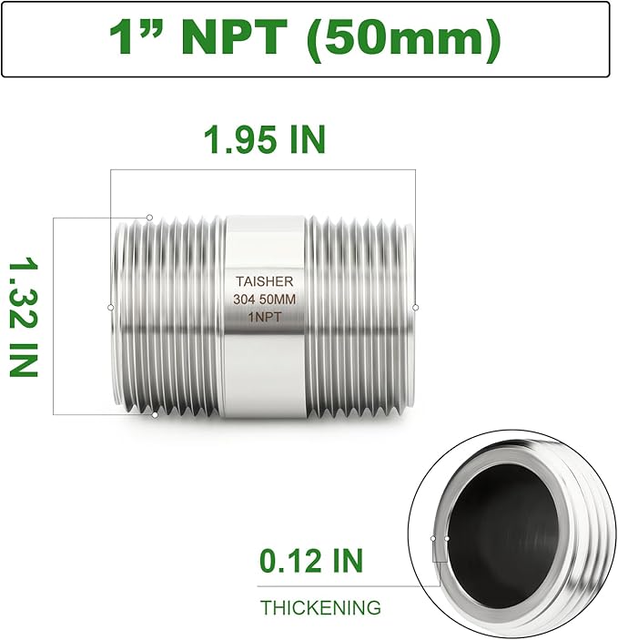 TAISHER 2PCS Stainless Steel Pipe Fittings, 1" NPT Male x 1" NPT Male Threaded, 2" Length Thickened Nipple Cast Pipe