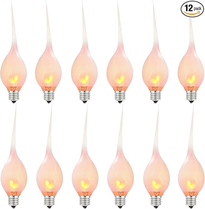 Silicone Dipped Candle Light Bulbs Flicker Flame Replacement Bulbs 1 Watt Country Style Silicone Light Bulbs for Window Candle Lamps Chandeliers, C7/E12 Candelabra Base (12 Pack)