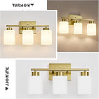 Brushed Gold Bathroom Light Fixtures, 3-Light Modern Vanity Light Over Mirror, Wall Sconces with Milky White Frosted Glass Shades, E26 Socket (Bulbs Not Included)