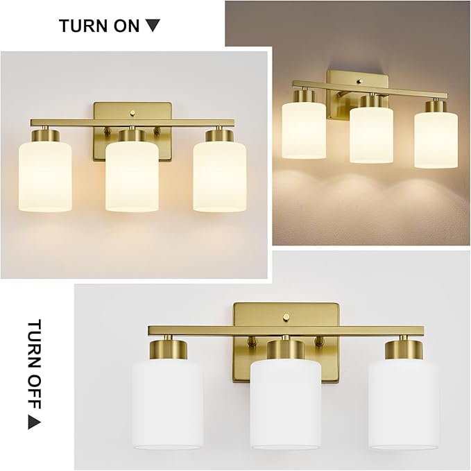 Brushed Gold Bathroom Light Fixtures, 3-Light Modern Vanity Light Over Mirror, Wall Sconces with Milky White Frosted Glass Shades, E26 Socket (Bulbs Not Included)