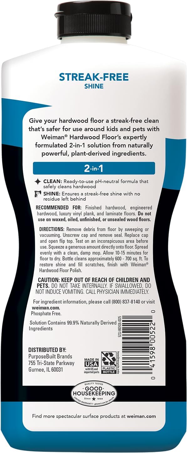 Weiman Hardwood Cleaner for Finished Hardwood Floors, Engineered Floors, Laminate - Streak-Free Results, EPA Safer Choice Certified, 32 oz