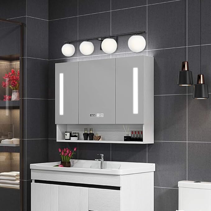 New Bathroom Vanity Light Fixtures Matte Black Milk White Globe Glass Shade 4 Lights Modern Wall Bar Sconce Over Mirror(4 lights-35.43inch)