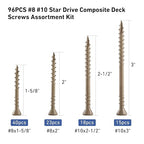 96 PCS Deck Screws Assortment Kit, Reverse Thread Composite Deck Screws Torx Drive Rust Resistant Epoxy Coated Exterior Wood Screw #8 1-5/8" 2" #10 2-1/2" 3", Tan