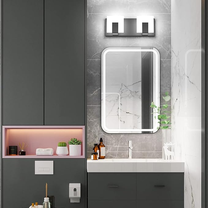 Aipsun 2 Lights Modern Black Vanity Light Up and Down Black Bathroom Lighting Fixtures LED Bathroom Wall Light Over Mirror 6000K