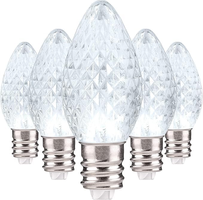 Holiday Lighting Outlet Faceted C7 Christmas Lights | Cool White LED Light Bulbs Holiday Decoration | Warm Christmas Decor for Indoor & Outdoor Use | 2 SMD LEDs in Each Light Bulb | Set of 25