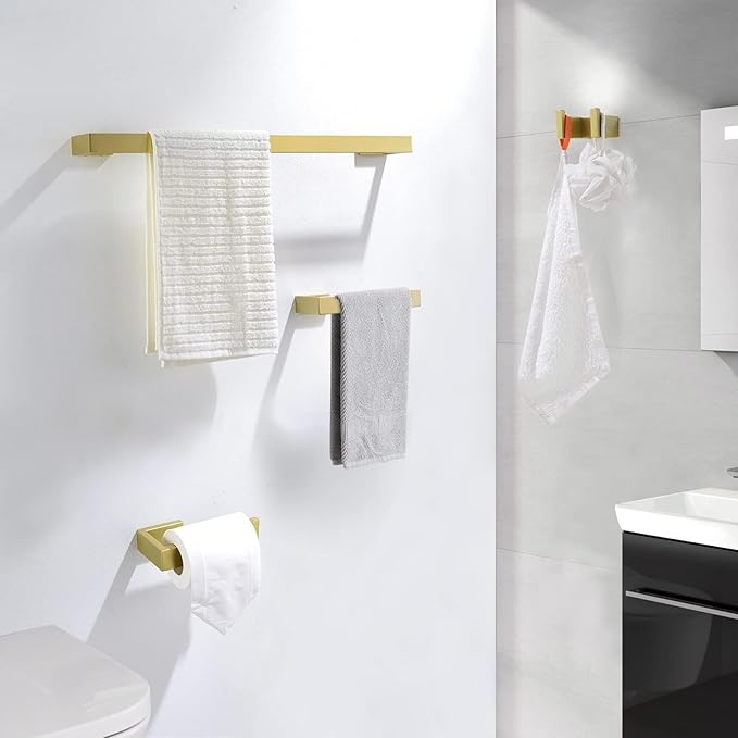 TNOMS Light Gold Towel Bar Set 4 Pieces Bathroom Hardware Set Wall Mounted Stainless Steel,Towel Bar+Towel Holder+Towel Hook+Toilet Paper Holder,23.6 inch