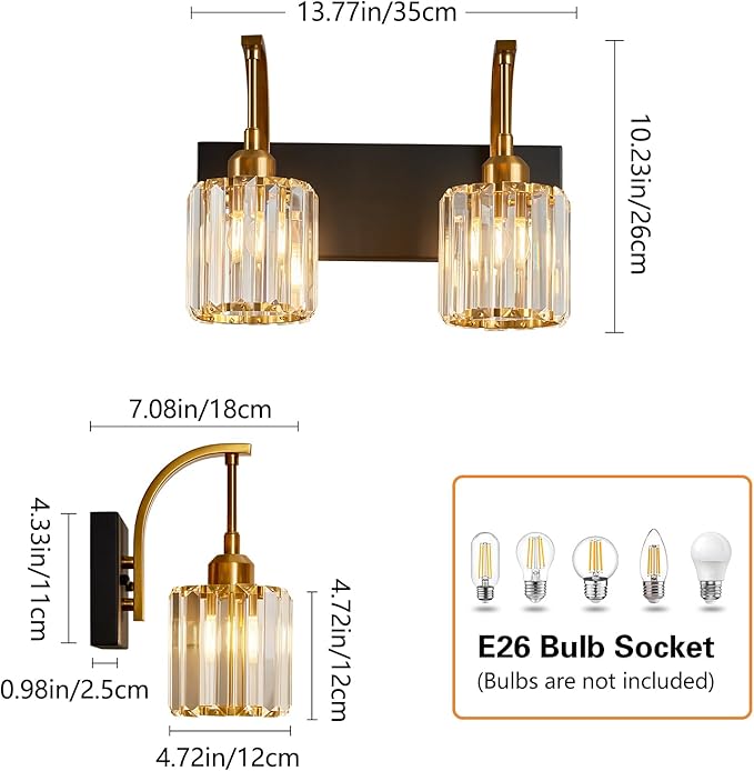 Bathroom Crystal Vanity Lights 2-Light Black Gold Wall Lamp Modern Crystal Bathroom Light Fixtures Over Mirror 13.77" Long Wall Sconce