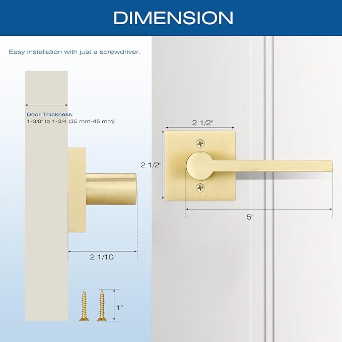 EHOMEWARE 2 Pack Satin Brass Dummy Door Handle, Interior Door Lever for Pull or Push Only, Heavy Duty Single Sided Door Handles for French or Closet Doors