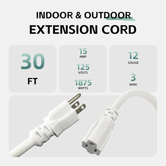 30 Ft Outdoor Extension Cord - 12/3 SJTW Heavy Duty White Extension Cable with 3 Prong Grounded Plug - Power Cord for Lawn, Garden, Appliances