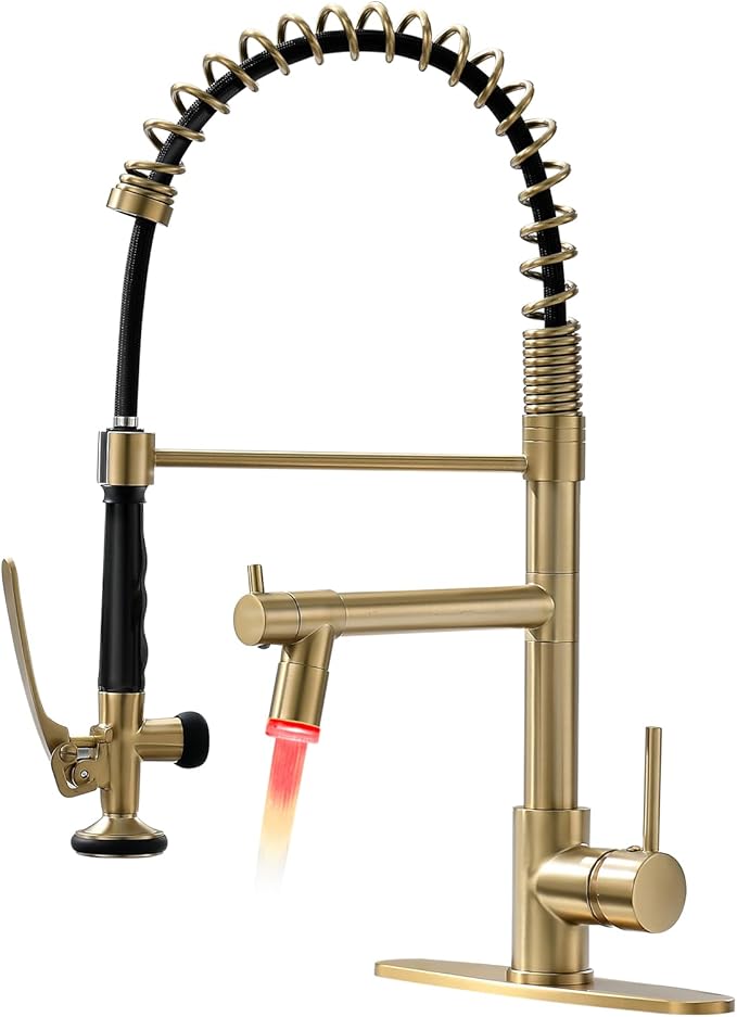 Fapully LED Kitchen Faucet with Pull Down Sprayer,Brushed Gold Commercial Kitchen Sink Faucet with Deck Plate
