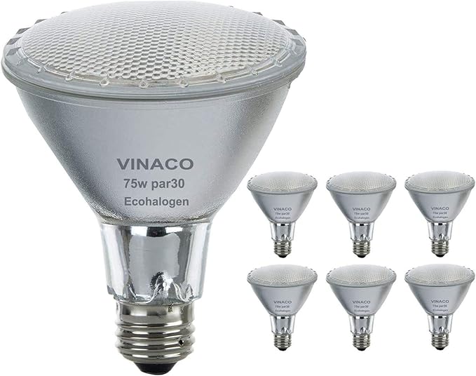 Vinaco Halogen PAR30 Long Neck 75W 120V 1000LM, 6 Pack High Output Halogen PAR30 Dimmable 3000K Warm White with E26 Base, Long Lifespan Long Neck Flood Light Bulb with CRI100 for Tracking Lighting