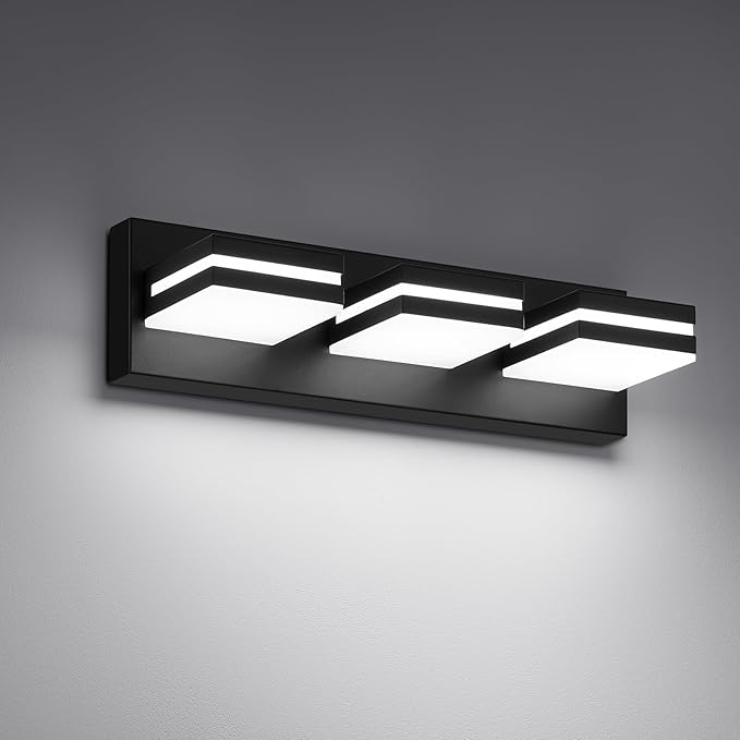Modern LED Bathroom Lights Fixtures(3-Light),Metal Black Acrylic Wall Lighting,Vanity Lights for Bathroom Over Mirror(6000k 16In