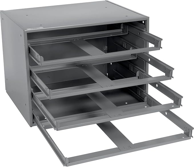 Global Industrial Durham Steel Compartment Box Rack with 4 Adjustable Divider Compartment Boxes, 20 x 15-3/4 x 15