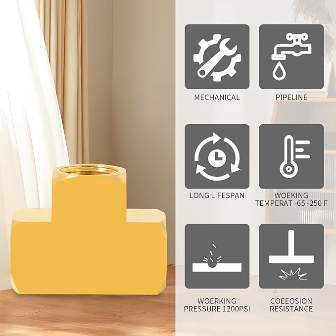 ChillWaves Brass Pipe Fitting, Barstock Tee 1/2" x 1/2" x 1/2" NPT Female Thread Adapter(1-PACK)