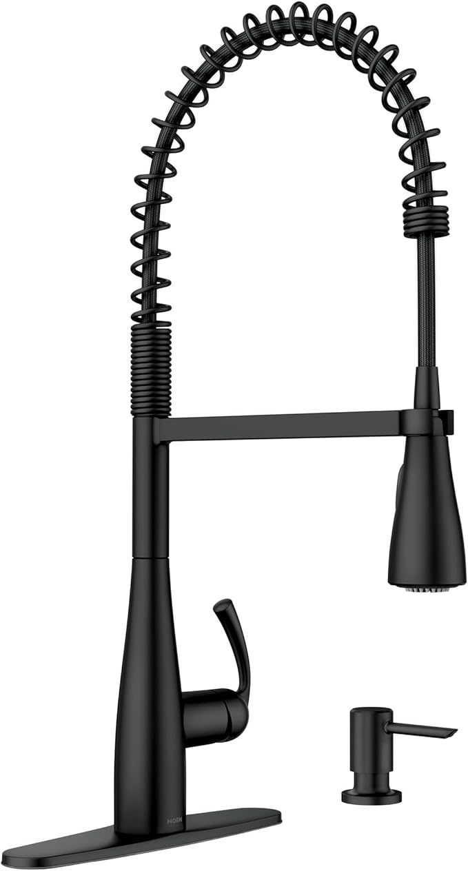 Moen Essie Matte Black One-Handle High Arc Pre-Rinse Spring Pulldown Kitchen Faucet with Power Clean, 87814BL