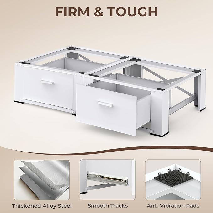 29" Washer and Dryer Pedestals with Drawer- Laundry Pedestal Stand for Washer and Dryer – Set of 2,Alloy Steel Washing Machine Stand Raiser, washer dryer pedestal 14.3'' Height White