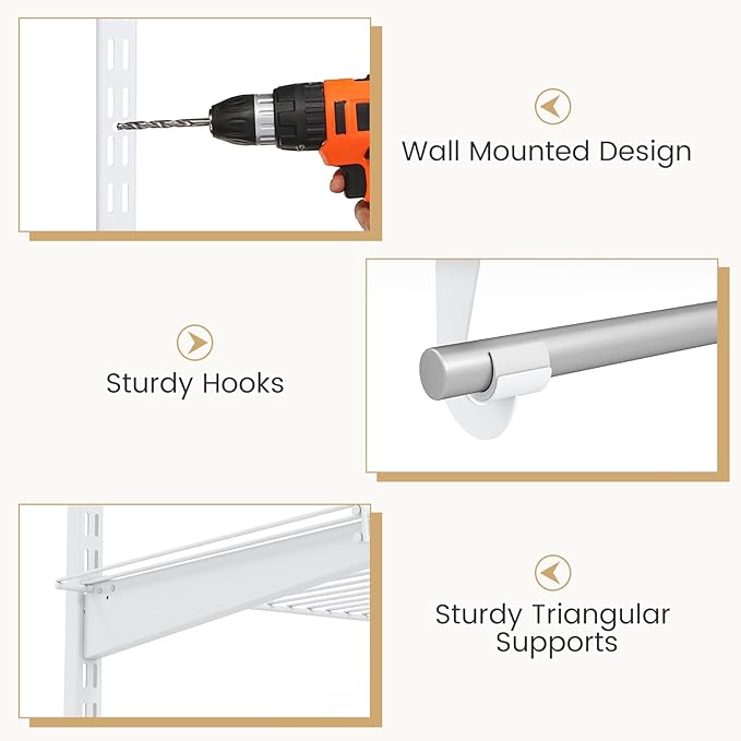 Giantex Closet Organizer System, 4-8 FT Wall-Mounted Closet Shelves and Rod, Adjustable Closet Organization w/ Hanging Rod, DIY Expandable Modular Metal Wire Shelving for Laundry Bedroom (White)