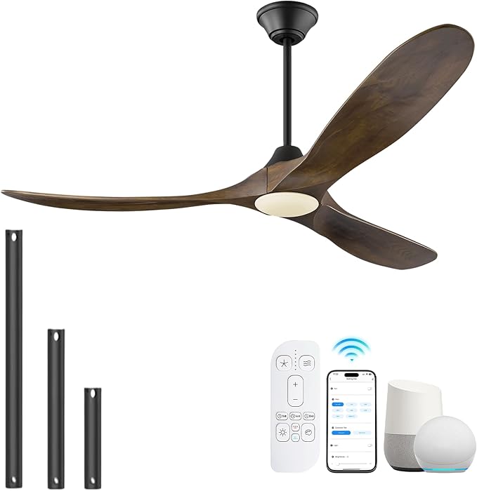 60 Inch Ceiling Fans with Lights, Outdoor Ceiling Fans for Patios with Light Damp Rated, 3 Blades Wood DC Ceiling Fan Modern Large Airflow Commercial Ceiling Fan with Remote & APP for Exterior Indoor