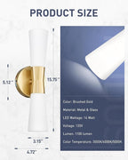 kudos Bathroom Sconces Set of 2,16inches Gold Wall Sconces, Modern Bathroom Light Fixtures with Milk White Glass, Dimmerable 3000K/4000K/5000K for Bedroom Hallway, KDVL13-GD-2PK